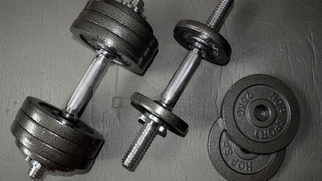 Two iron dumbbells loaded with grey weight plates beside two loose 2.5 kg plates on a grey rubber gym mat